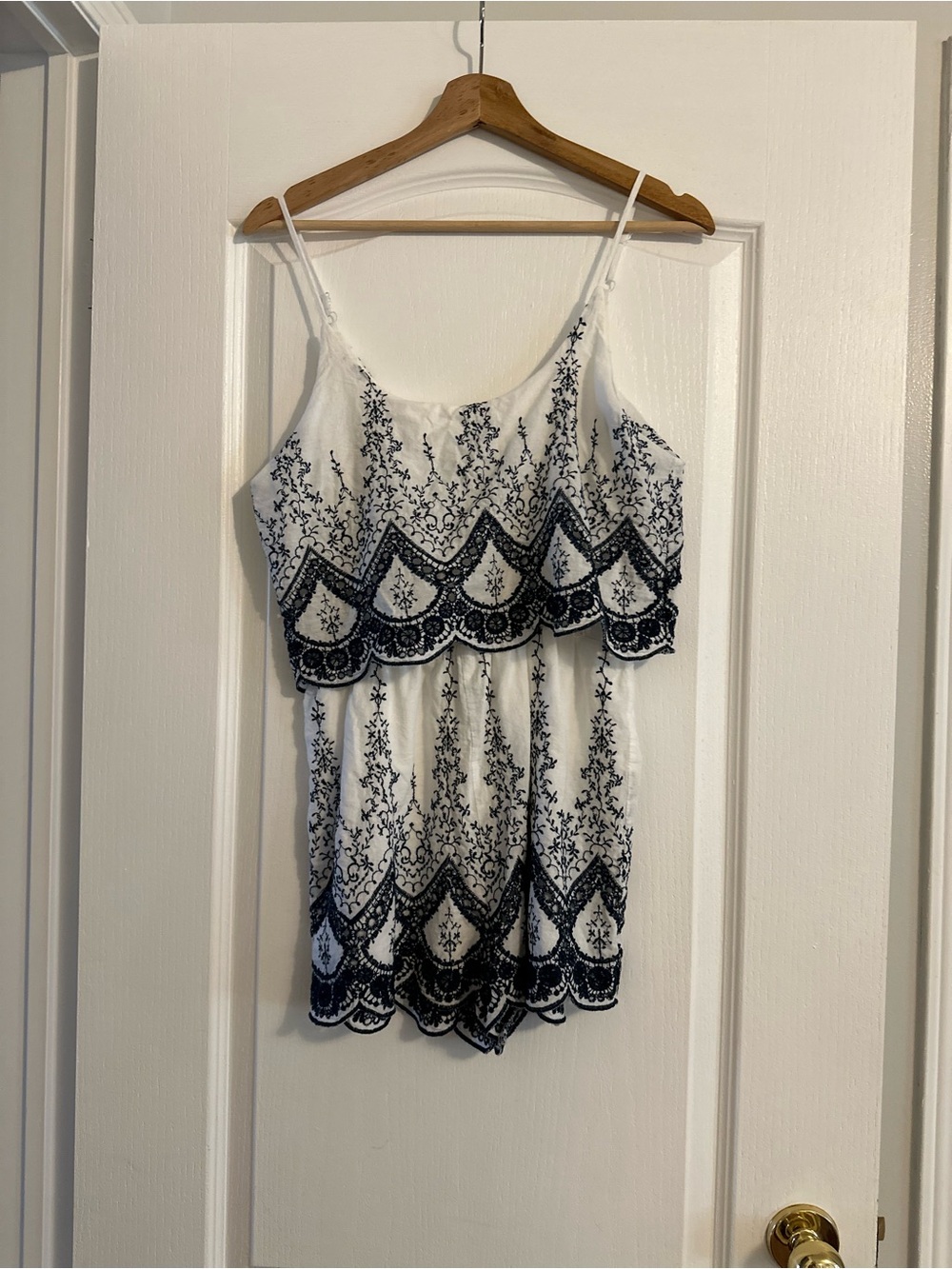 Tobi White Cami with Navy Embroidered Lace Detail